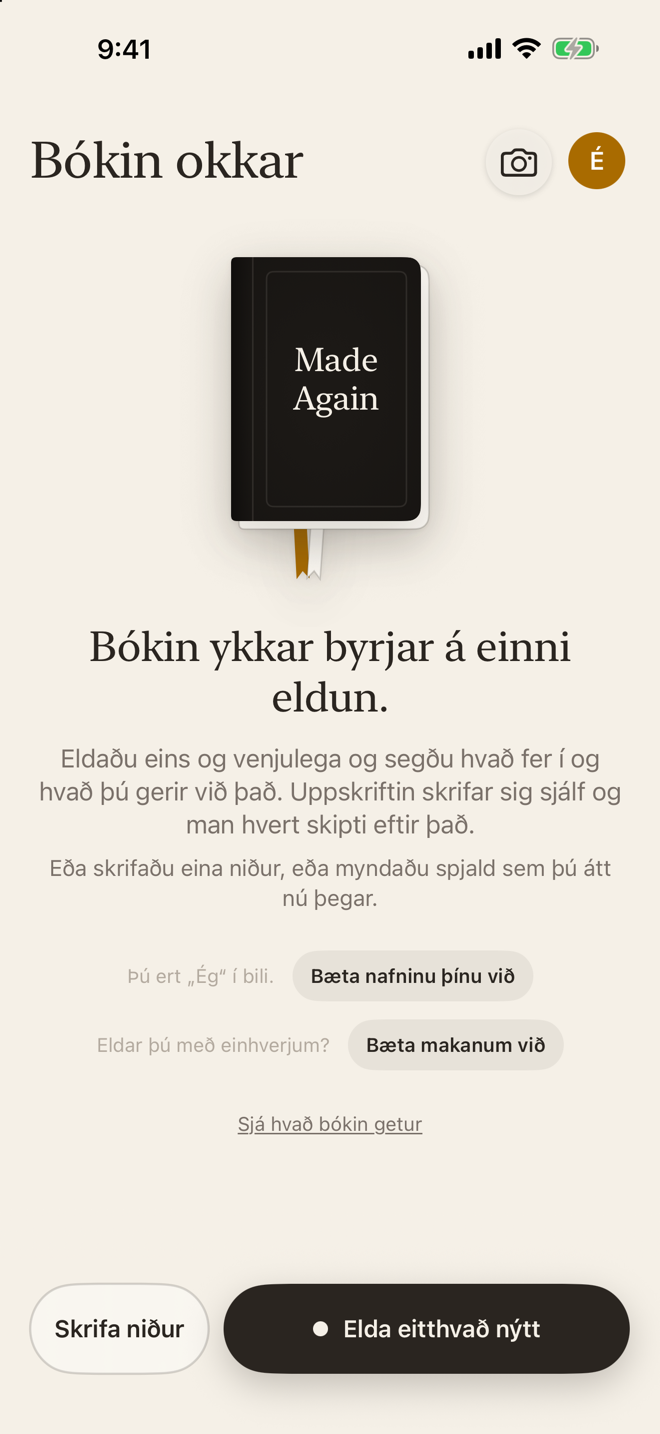 Tóma bókin: lokaða bókin með bókamerkinu þínu, og „Bókin ykkar byrjar á einni eldun.“