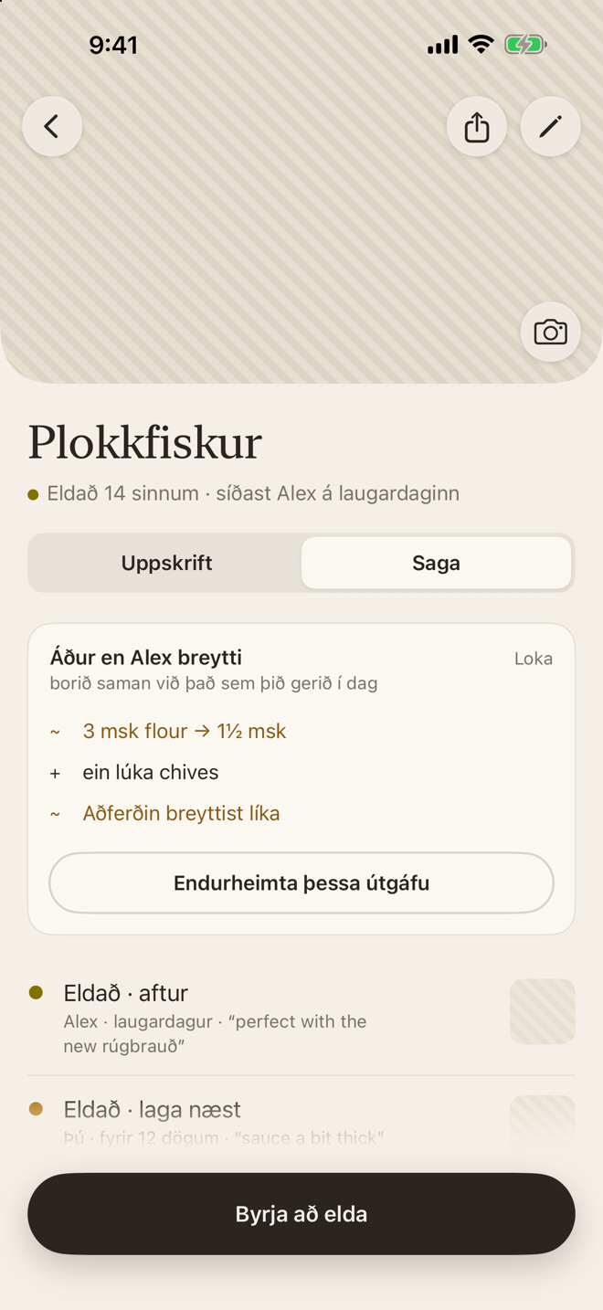 Saga uppskriftar: hverju Alex breytti síðast, hnappurinn Endurheimta þessa útgáfu, og hvert skipti sem hún var elduð.